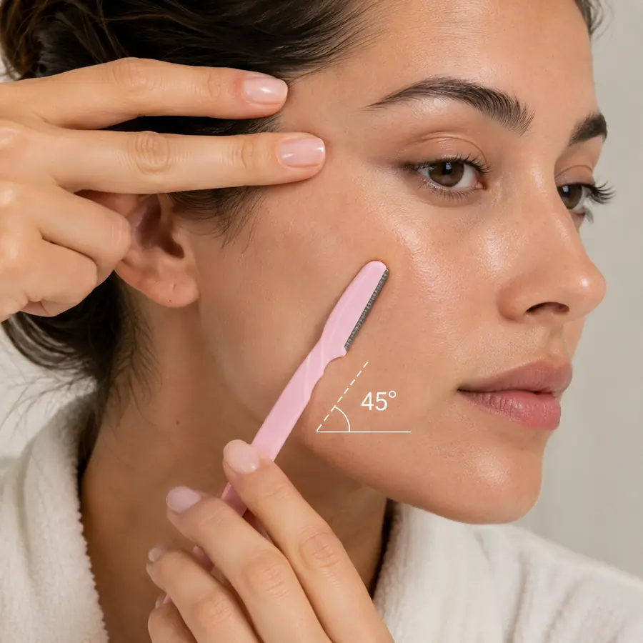 Pink facial razor held against the cheek with a 45-degree angle marked on the photo
