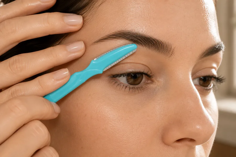 Peachly razor tidying the line under the brow