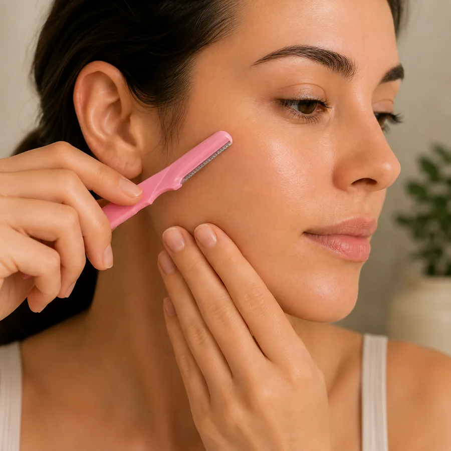 Shaping the brow arch with a pink Peachly razor