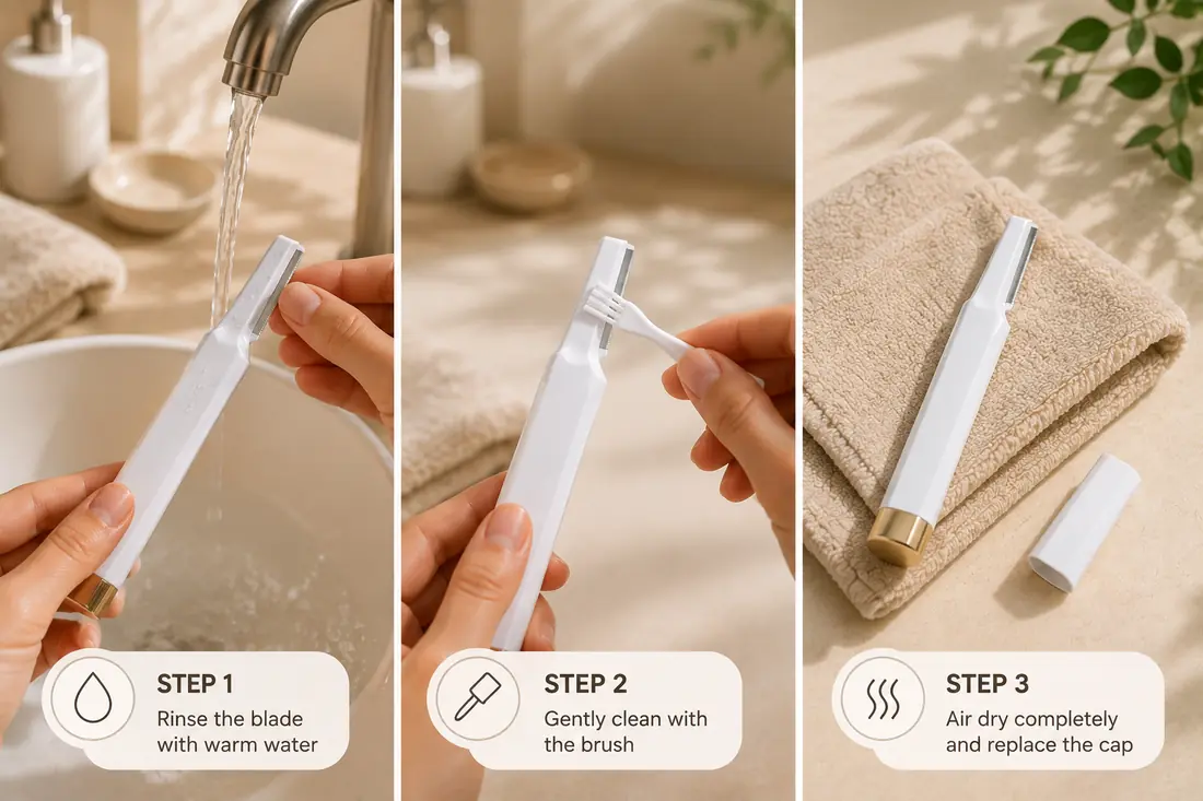 Three steps to clean a dermaplane razor: rinse, brush, air dry