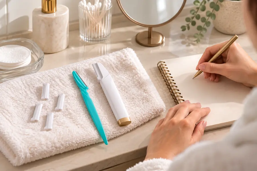 Peachly razors and the electric tool laid out beside a notebook