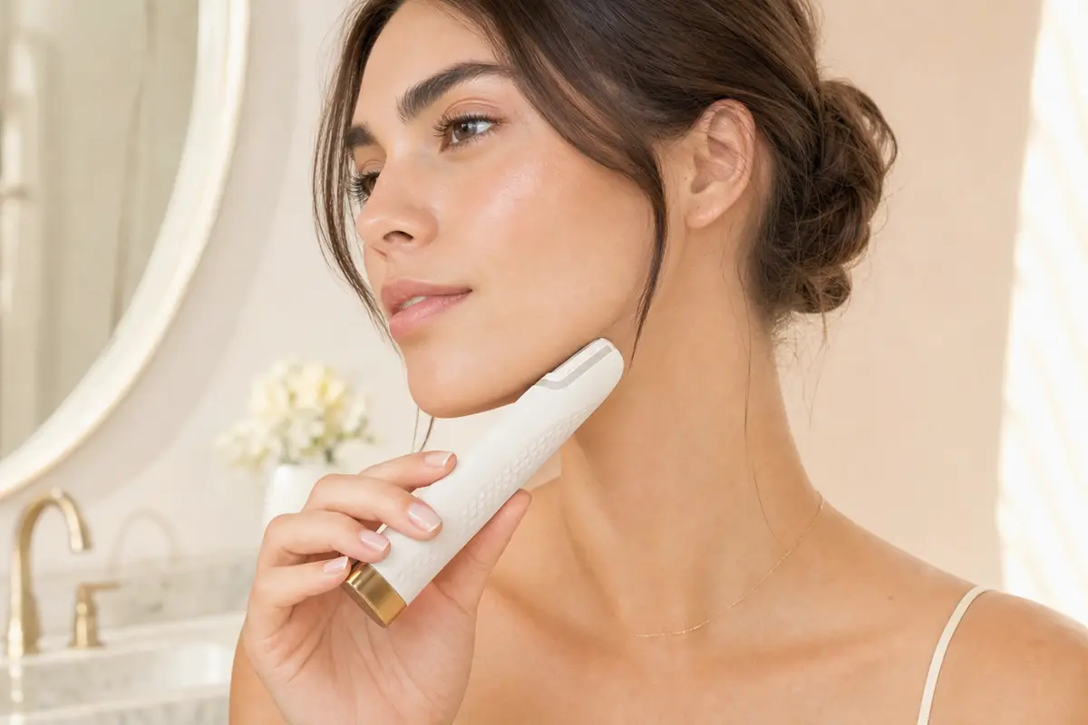Peachly electric dermaplane tool used on the cheek