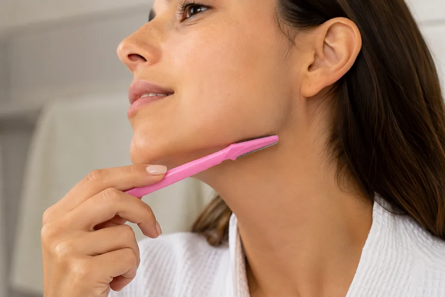 Peachly facial razor following the jawline in short, controlled strokes on clean dry skin