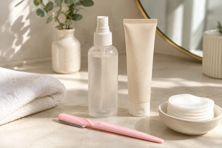 A Peachly razor beside a towel, serum and moisturizer on a bathroom counter