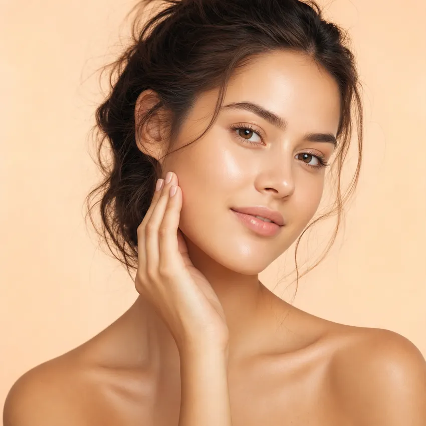 A woman with fresh, smooth skin after an at-home dermaplaning session