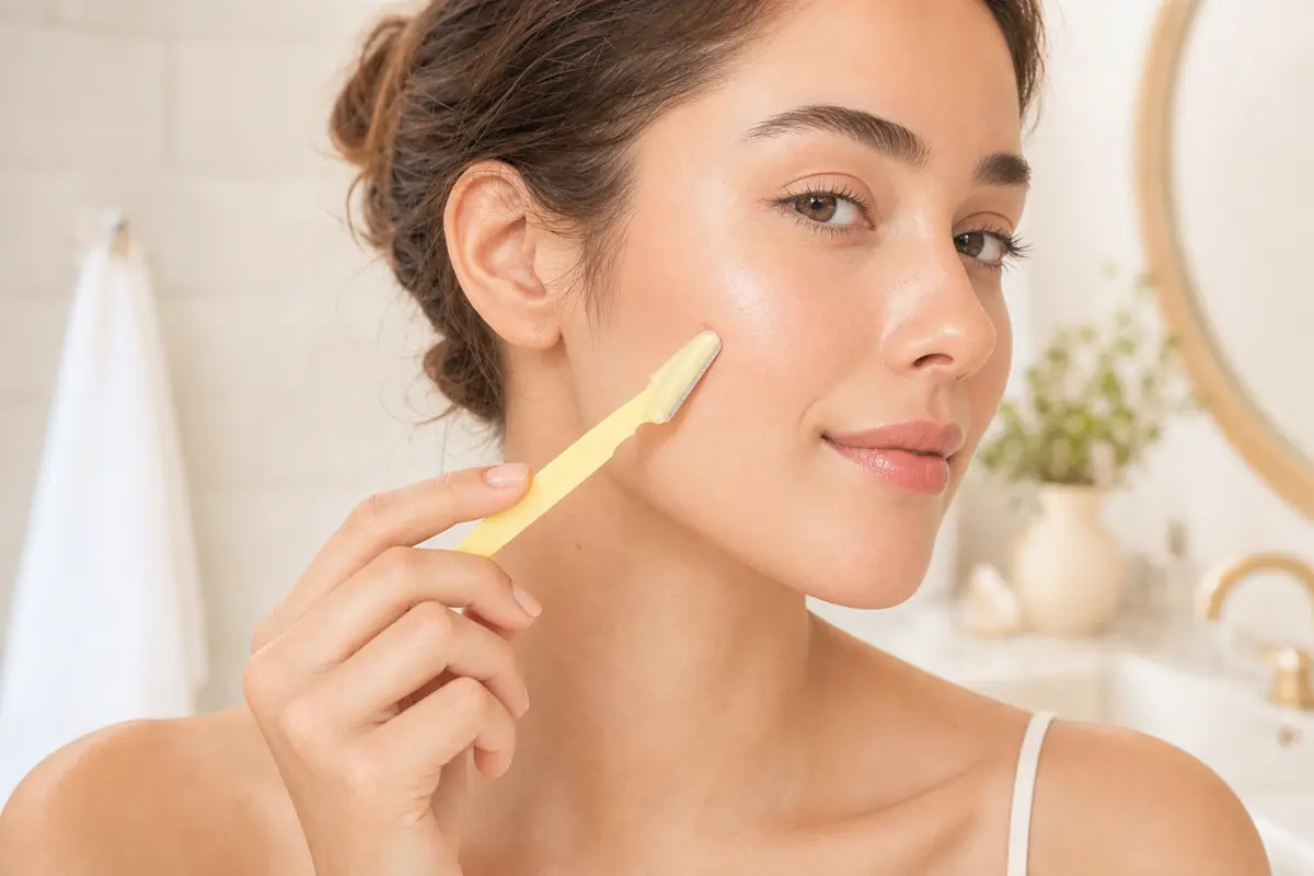 Peachly dermaplane facial razor used across the cheek to lift peach fuzz
