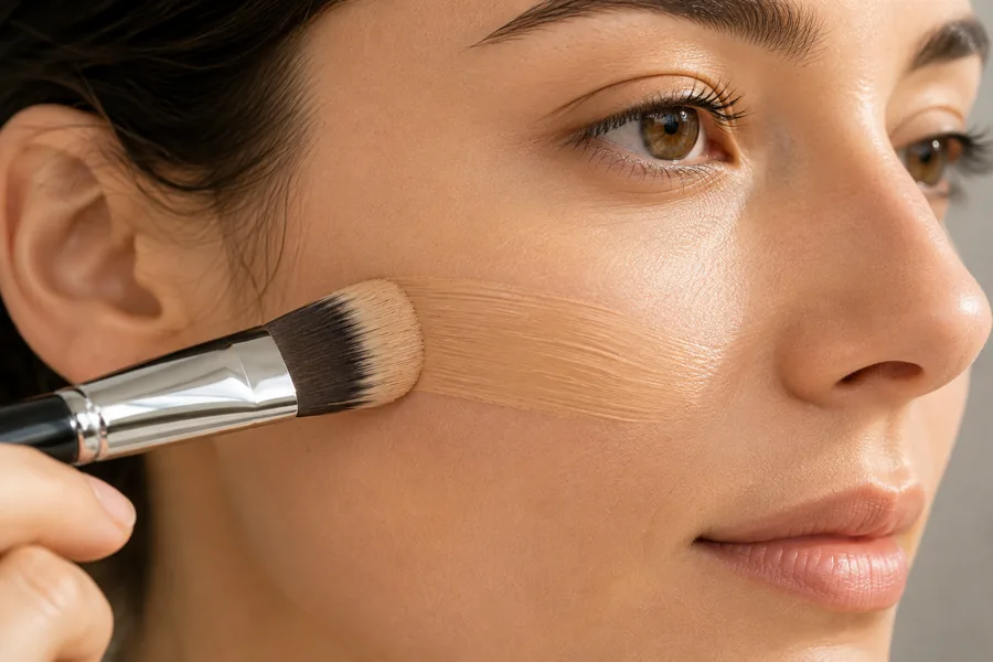 Foundation being blended across the cheek with a flat brush, leaving an even stripe on smooth skin