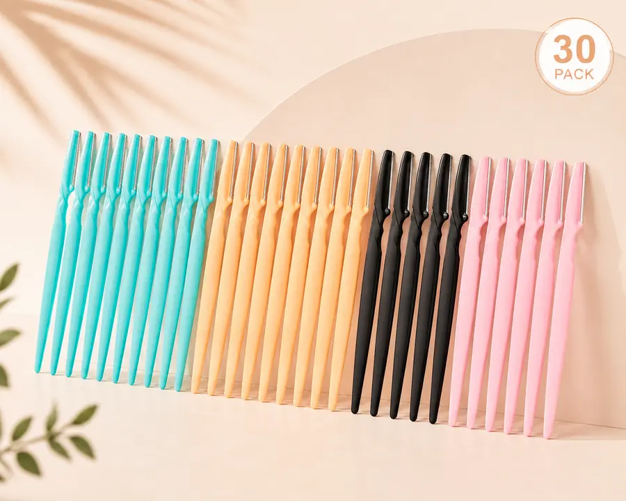 Peachly 30-pack of dermaplane facial razors lined up in four assorted colors