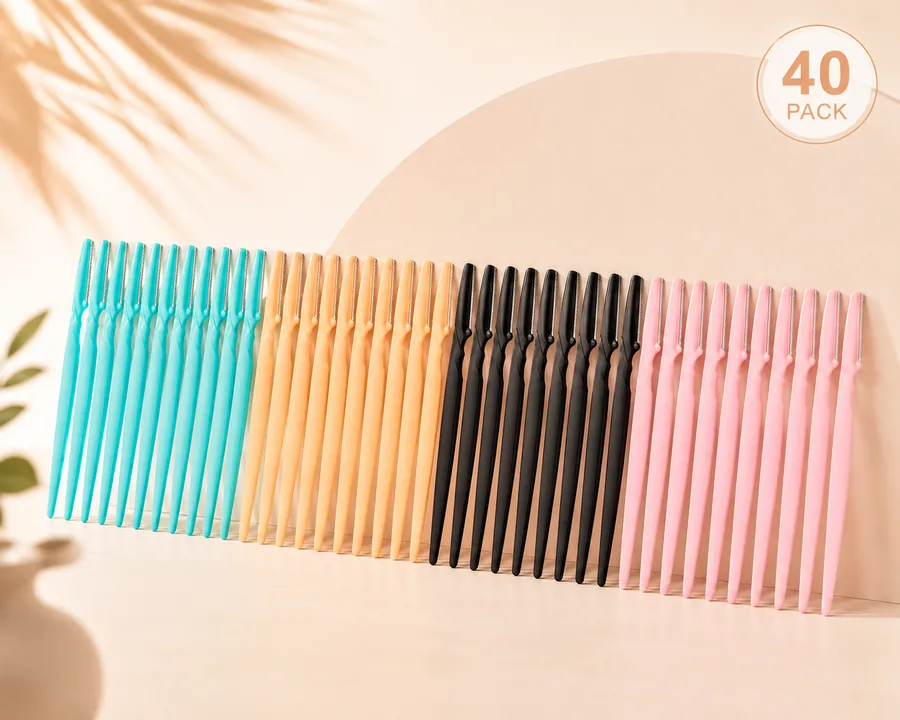 Peachly 40-pack of dermaplane facial razors lined up in four assorted colors