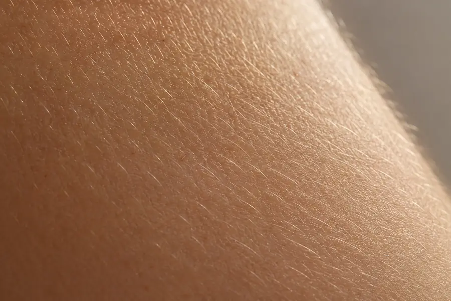 Macro close-up of skin with fine vellus hairs catching the light across the surface