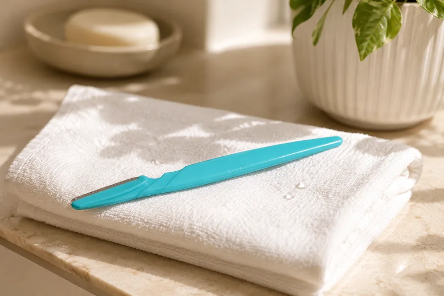 Peachly facial razor resting on a folded towel after being rinsed and dried