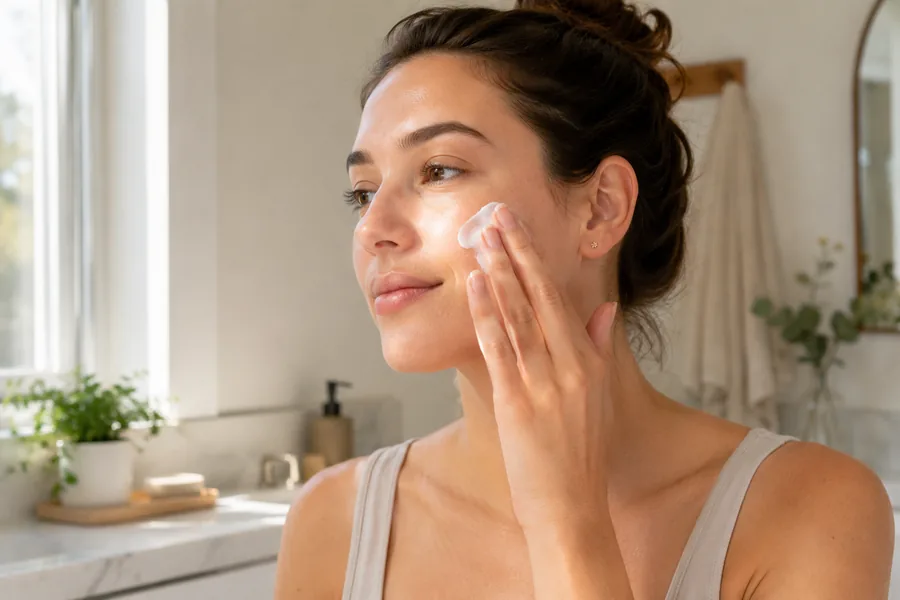 Woman smoothing moisturizer onto her cheek at a sunlit bathroom counter after a dermaplaning session